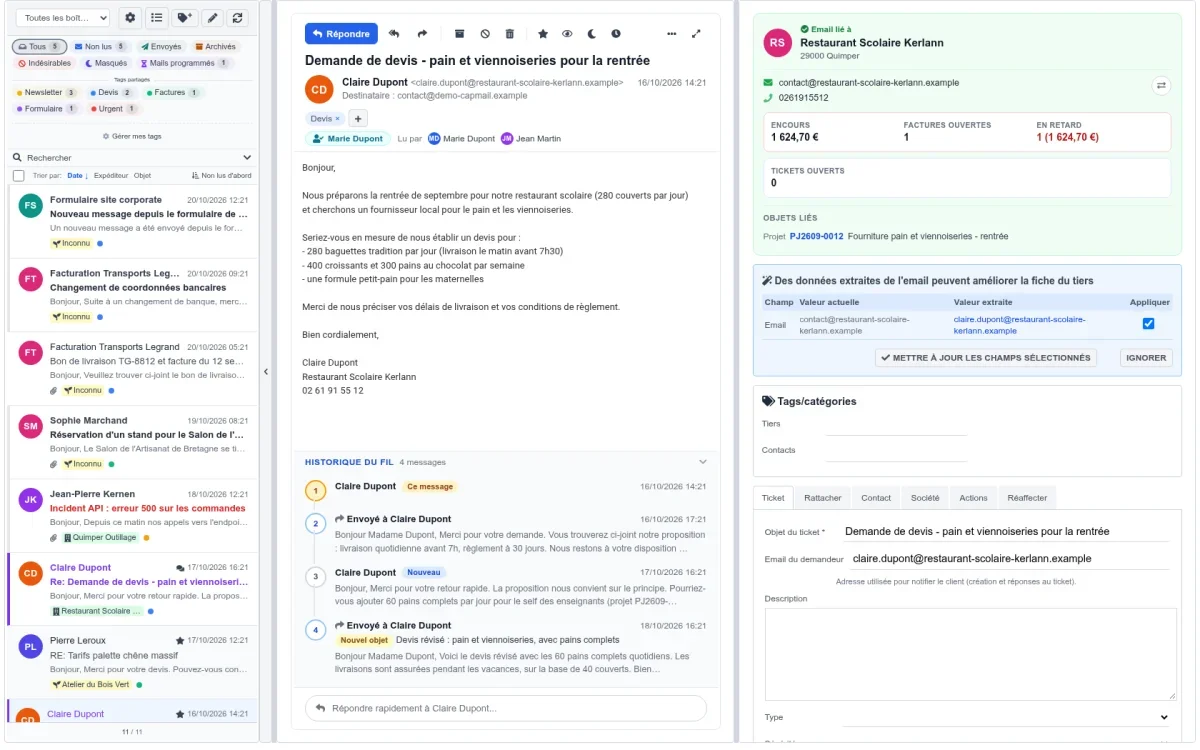 Le webmail en trois colonnes : la liste, le mail et ce qu'on peut en faire dans Dolibarr