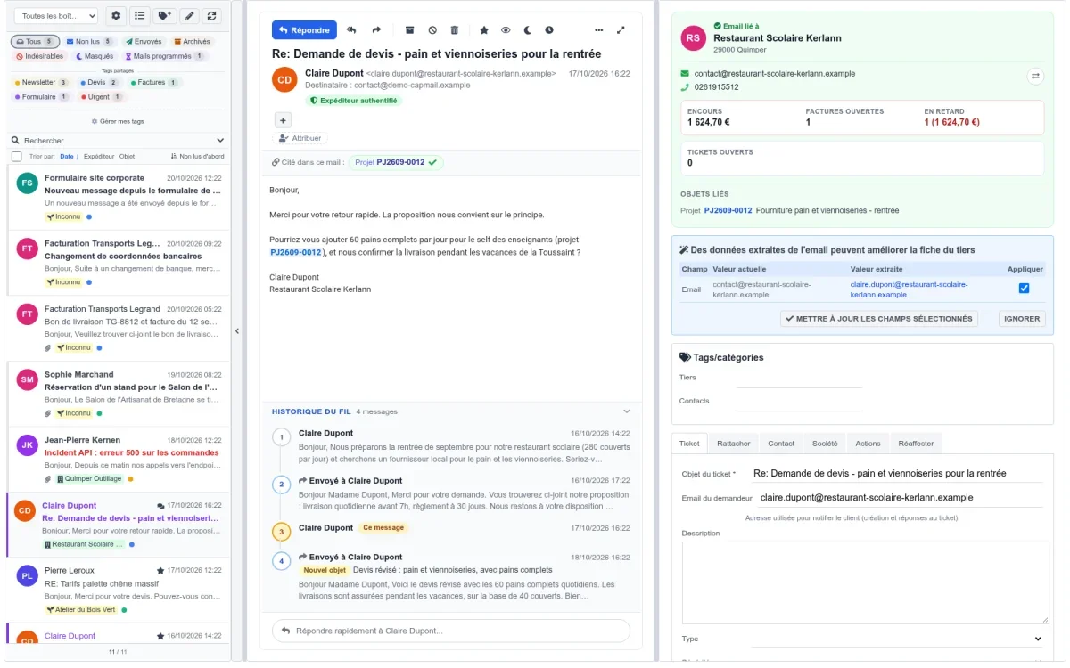 Les références citées dans le mail sont reconnues, et la fiche du client résume son encours