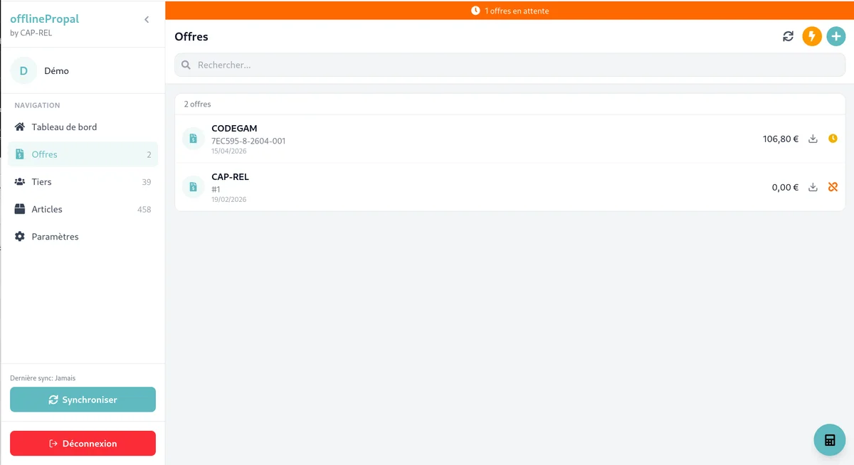 Liste des offres dans l'application, avec leur état de synchronisation