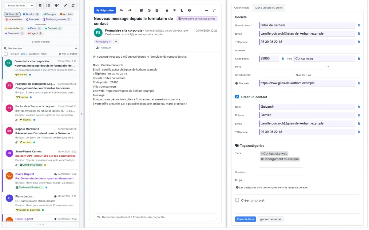 Le mail du formulaire du site : le tiers et le contact sont déjà remplis