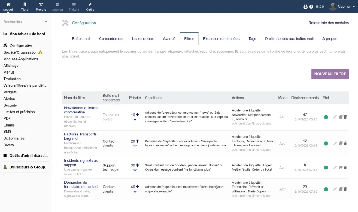 Les filtres de l'entreprise : newsletters rangées, factures rattachées au fournisseur, incidents transformés en tickets