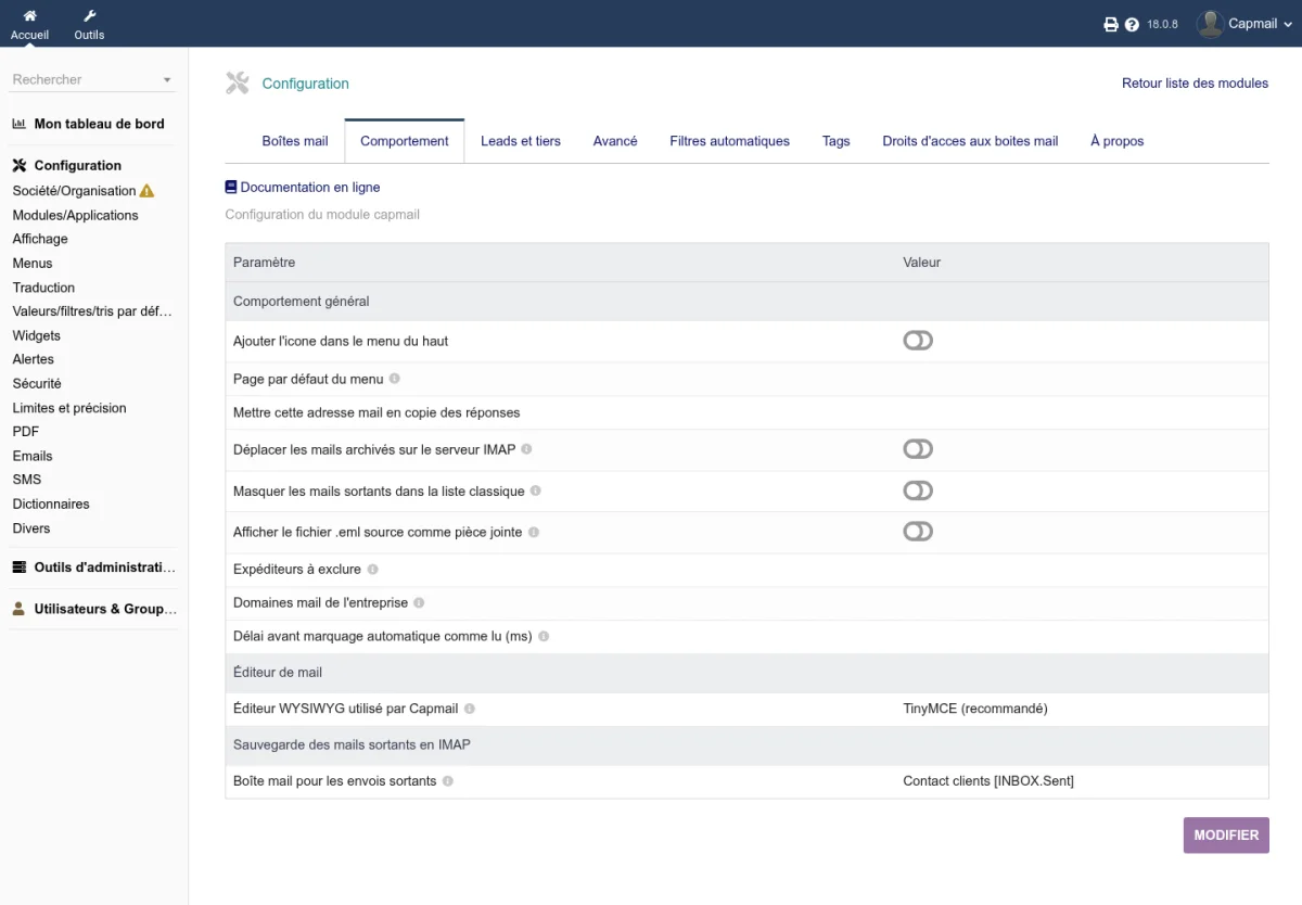Écran d'administration de Capmail