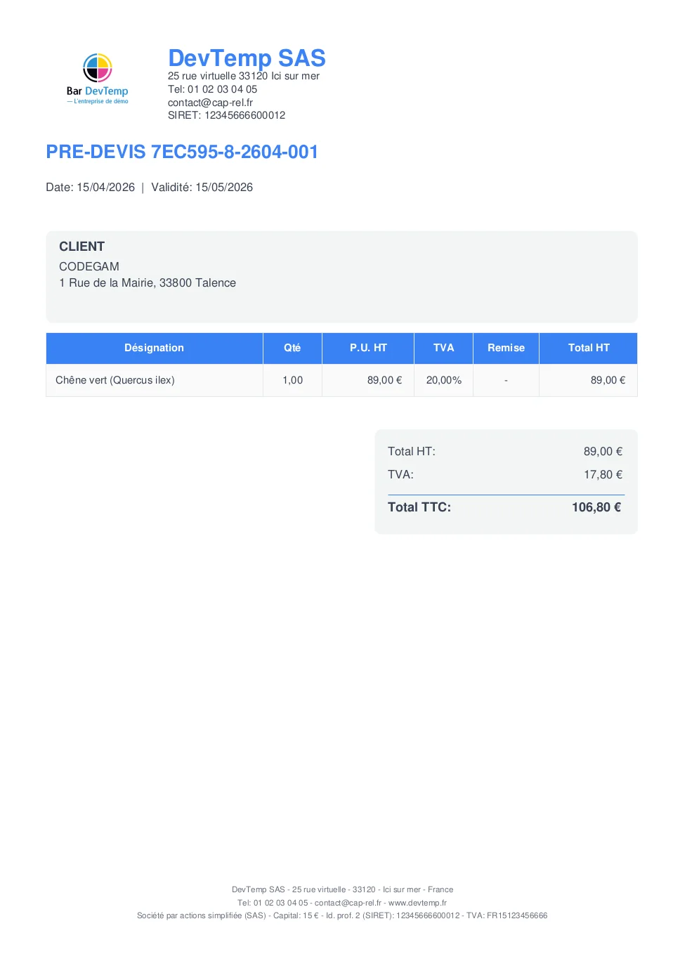 Aperçu du PDF de pré-devis produit sur l'appareil